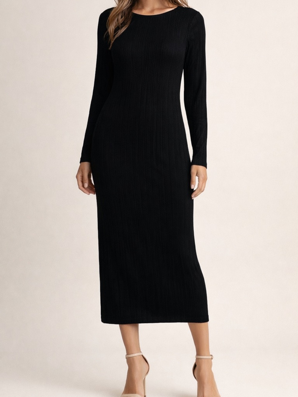 112. A new day Black Long Sleeve Ribbed Midi Dress with built in Camisole